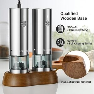 Small Electric Salt and Pepper Grinder Set,USB Rechargeable Salt and Pepper Mill with 5 Adjustable Coarseness Refillable, Stainless Steel One Hand Automatic Pepper Salt Shakers with Wood Base(2 pack)