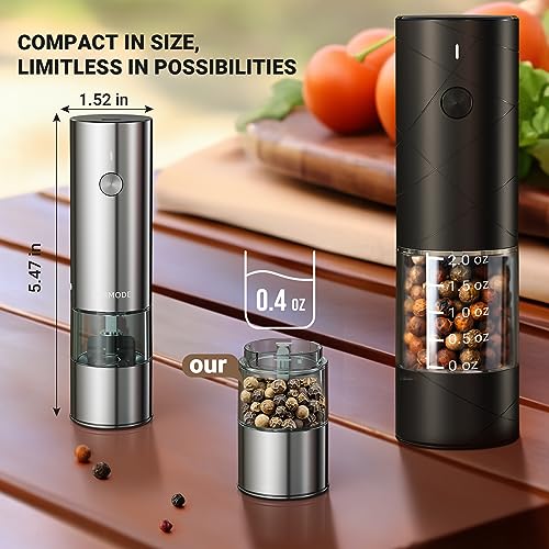 Small Electric Salt and Pepper Grinder Set,USB Rechargeable Salt and Pepper Mill with 5 Adjustable Coarseness Refillable, Stainless Steel One Hand Automatic Pepper Salt Shakers with Wood Base(2 pack)