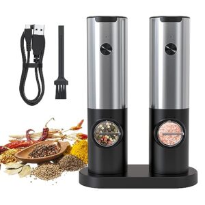 electric pepper and salt grinder set with rechargeable base, stainless steel, large capacity, one-hand operated, adjustable coarseness, automatic pepper mill, refillable salt shaker with led light