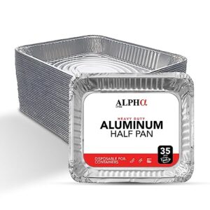 alpha living 35 pack aluminum foil pans - heavy duty aluminum foil baking pan – multipurpose half sheet pans for bbq, oven, freezer, heating – eco-friendly food safe oven pan