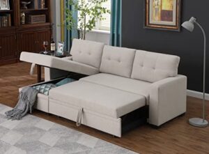 devion furniture l-shape linen sleeper sectional sofa for living room, home furniture, apartment, dorm sofabed, beige