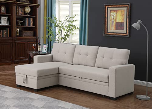 Devion Furniture L-Shape Linen Sleeper Sectional Sofa for Living Room, Home Furniture, Apartment, Dorm Sofabed, Beige