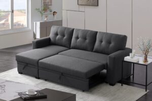 devion furniture l-shape linen sleeper sectional sofa for living room, home furniture, apartment, dorm sofabed, dark gray