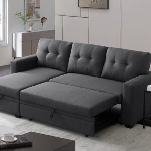 Devion Furniture L-Shape Linen Sleeper Sectional Sofa for Living Room, Home Furniture, Apartment, Dorm Sofabed, Dark Gray