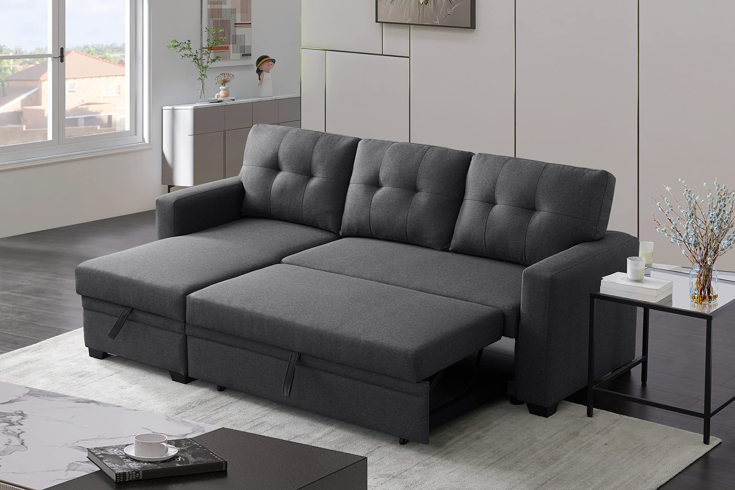 Devion Furniture L-Shape Linen Sleeper Sectional Sofa for Living Room, Home Furniture, Apartment, Dorm Sofabed, Dark Gray