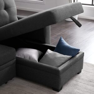 Devion Furniture L-Shape Linen Sleeper Sectional Sofa for Living Room, Home Furniture, Apartment, Dorm Sofabed, Dark Gray