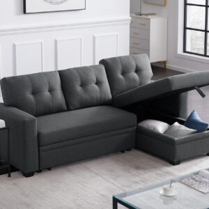 Devion Furniture L-Shape Linen Sleeper Sectional Sofa for Living Room, Home Furniture, Apartment, Dorm Sofabed, Dark Gray