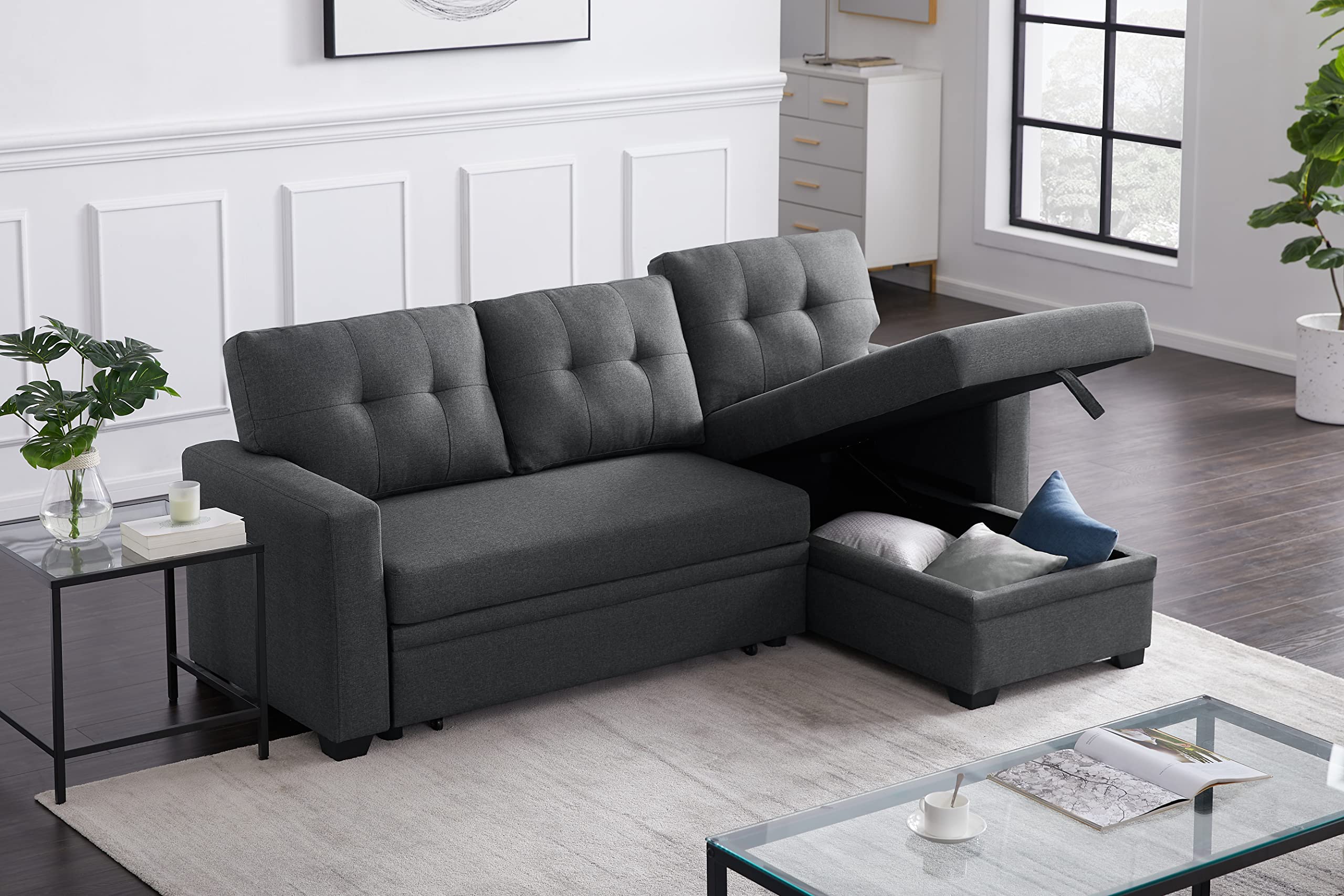 Devion Furniture L-Shape Linen Sleeper Sectional Sofa for Living Room, Home Furniture, Apartment, Dorm Sofabed, Dark Gray