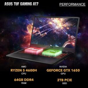 ASUS 2023 TUF A17 17.3" 144Hz FHD Gaming Laptop, AMD Ryzen 5 4600H, NVIDIA GeForce GTX 1650, 64GB RAM, 2TB PCIe SSD, RGB Backlit Keyboard, Windows 11, Bonfire Black, 32GB USB Card Included