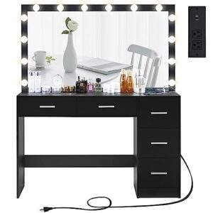 usikey 47.2" large vanity desk with large lighted mirror, 14 lights, makeup vanity table with 5 large drawers & charging station, makeup vanity desk, vanity table set for bedroom, black