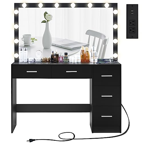 usikey 47.2" Large Vanity Desk with Large Lighted Mirror, 14 Lights, Makeup Vanity Table with 5 Large Drawers & Charging Station, Makeup Vanity Desk, Vanity Table Set for Bedroom, Black