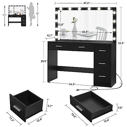 usikey 47.2" Large Vanity Desk with Large Lighted Mirror, 14 Lights, Makeup Vanity Table with 5 Large Drawers & Charging Station, Makeup Vanity Desk, Vanity Table Set for Bedroom, Black