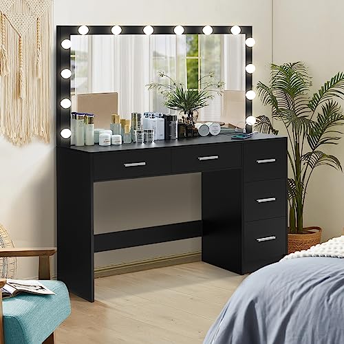 usikey 47.2" Large Vanity Desk with Large Lighted Mirror, 14 Lights, Makeup Vanity Table with 5 Large Drawers & Charging Station, Makeup Vanity Desk, Vanity Table Set for Bedroom, Black