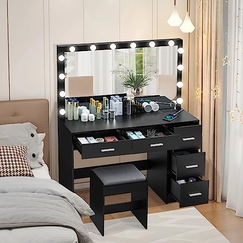 usikey 47.2" Large Vanity Desk with Large Lighted Mirror, 14 Lights, Makeup Vanity Table with 5 Large Drawers & Charging Station, Makeup Vanity Desk, Vanity Table Set for Bedroom, Black