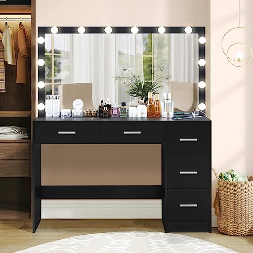 usikey 47.2" Large Vanity Desk with Large Lighted Mirror, 14 Lights, Makeup Vanity Table with 5 Large Drawers & Charging Station, Makeup Vanity Desk, Vanity Table Set for Bedroom, Black