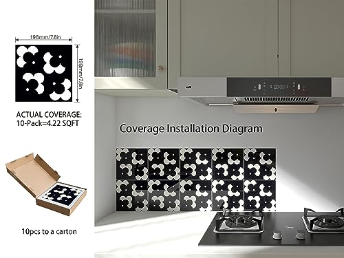 COLAMO Luxury Swatch Glossy Black Thicker Peel and Stick Kitchen Backsplash,Waterproof Self Adhesive Wall Tile,Faux Ceramic Tile,Stick on Accent Wall for Bathroom,Vanity,RV(White Floral Design,8”×8”)