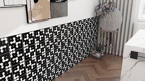 COLAMO Luxury Swatch Glossy Black Thicker Peel and Stick Kitchen Backsplash,Waterproof Self Adhesive Wall Tile,Faux Ceramic Tile,Stick on Accent Wall for Bathroom,Vanity,RV(White Floral Design,8”×8”)