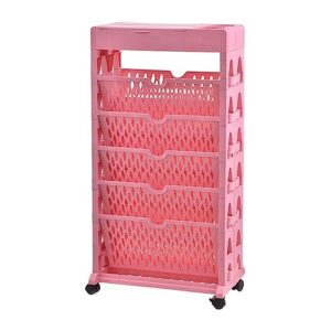 jeekos 6-tier mobile bookshelf, corner bookshelf with wheels, movable bookshelf multilayer capacity rotatable removable plastic practical rolling organization shelf (color : pink)