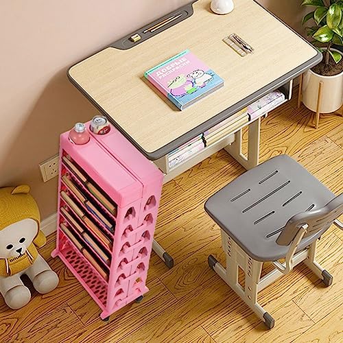 JEEKOS 6-Tier Mobile Bookshelf, Corner Bookshelf with Wheels, Movable Bookshelf Multilayer Capacity Rotatable Removable Plastic Practical Rolling Organization Shelf (Color : Pink)