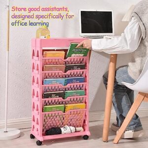 JEEKOS 6-Tier Mobile Bookshelf, Corner Bookshelf with Wheels, Movable Bookshelf Multilayer Capacity Rotatable Removable Plastic Practical Rolling Organization Shelf (Color : Pink)