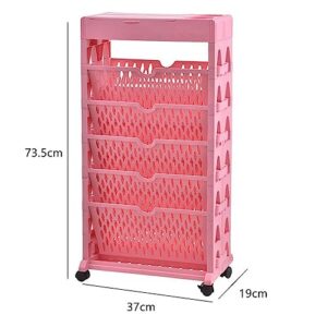 JEEKOS 6-Tier Mobile Bookshelf, Corner Bookshelf with Wheels, Movable Bookshelf Multilayer Capacity Rotatable Removable Plastic Practical Rolling Organization Shelf (Color : Pink)