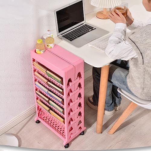 JEEKOS 6-Tier Mobile Bookshelf, Corner Bookshelf with Wheels, Movable Bookshelf Multilayer Capacity Rotatable Removable Plastic Practical Rolling Organization Shelf (Color : Pink)