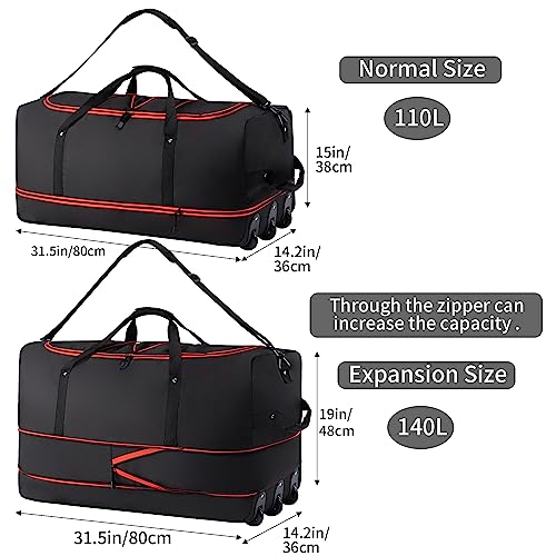 32'' Rolling Duffle Bag with Wheels-110/140L Expandable Wheeled Duffle Bag Luggage, Collapsible Rolling Duffel Bag with Bottom Anti-Slip Pads, Duffel bag with Wheels for Travel Camping Hiking