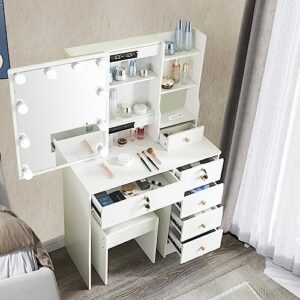 vanity desk with power outlet,white vanity with mirror and lights, makeup vanity with 5 drawers and cushioned stool, makeup table set for girls