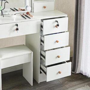 Vanity Desk with Power Outlet,White Vanity with Mirror and Lights, Makeup Vanity with 5 Drawers and Cushioned Stool, Makeup Table Set for Girls