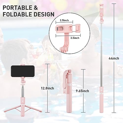 LOSODONA 44" Selfie Stick Tripod Cell Phone Tripod Bluetooth Selfie Stick Wireless Remote Tripods Compatible iPhone 14 13 12 pro Max, Android Samsung S23 S22(Pink)