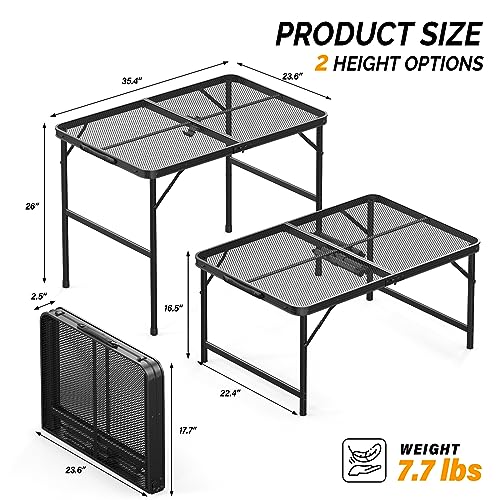 VINGLI Outdoor Grill Table, Picnic Folding Camping Table, 3 ft Portable Card Table Adjustable Height, Lightweight Aluminum Grill Tables for Outside, Beach, Garden, Patio, Party, Indoor, Black