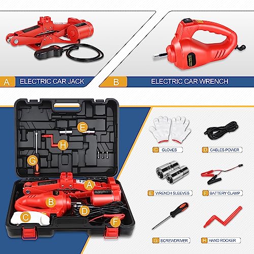 Universal Electric Scissor Lift Car Floor Jack Kit with Storage Case and Powerful Impact Wrench, 3 Ton Capacity, 12V, Lifting Range 4.7" (Min) to 13.7" (Max), Red