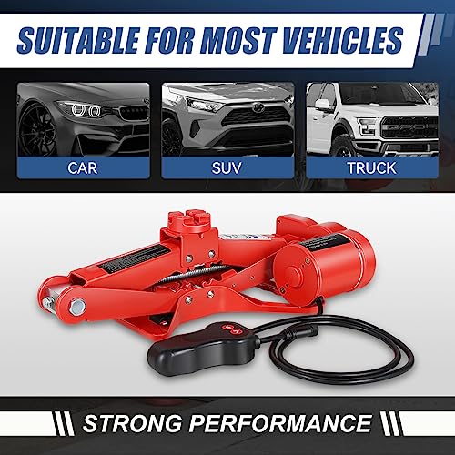 Universal Electric Scissor Lift Car Floor Jack Kit with Storage Case and Powerful Impact Wrench, 3 Ton Capacity, 12V, Lifting Range 4.7" (Min) to 13.7" (Max), Red