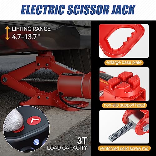 Universal Electric Scissor Lift Car Floor Jack Kit with Storage Case and Powerful Impact Wrench, 3 Ton Capacity, 12V, Lifting Range 4.7" (Min) to 13.7" (Max), Red