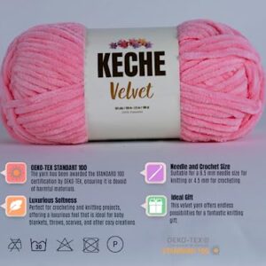 Keche Velvet Yarn for Crocheting, Soft Chenille Bulky Baby Blanket Amigurumi Yarn 100 gr (132 yds) - Baby Pink