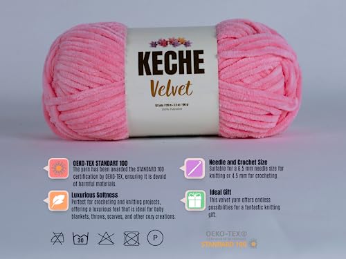 Keche Velvet Yarn for Crocheting, Soft Chenille Bulky Baby Blanket Amigurumi Yarn 100 gr (132 yds) - Baby Pink