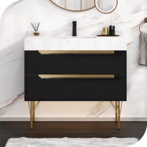 hernest bathroom vanity with sink 36 inch bathroom cabinet freestanding storage vanity with rock panel countertop, ceramic basin sink and 4 drawers, black