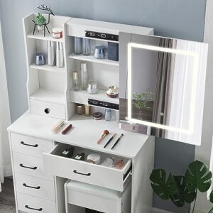 Vanity Desk Makeup Vanity Table with Lighted Mirror,3 Color Modes, White Makeup Table Set with 5 Drawers, Storage Shelves & Cushioned Stool,Women Girls Dressing Table for Bedroom