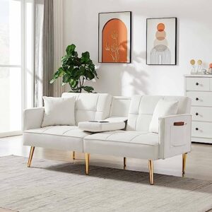 ridfy 69” convertible futon sofa bed 2 cup holders, modern tufted velvet sleeper couch with metal legs,side pocket,folding upholstered loveseat,memory foam living seat daybed,white
