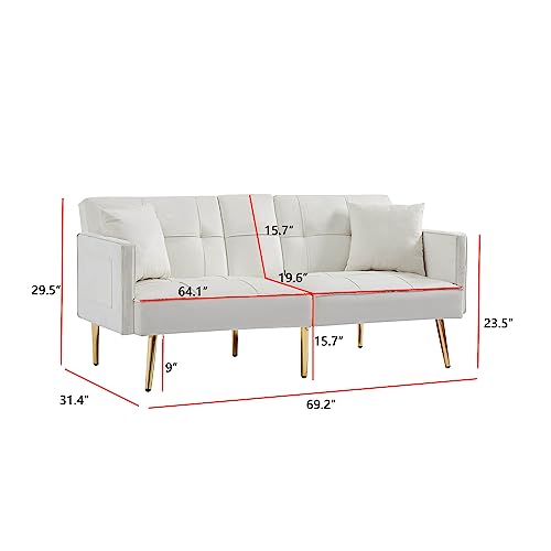 RIDFY 69” Convertible Futon Sofa Bed 2 Cup Holders, Modern Tufted Velvet Sleeper Couch with Metal Legs,Side Pocket,Folding Upholstered Loveseat,Memory Foam Living Seat Daybed,White