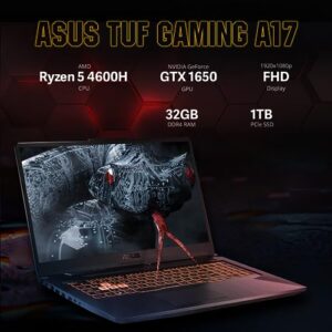 ASUS 2022 TUF A17 17.3" 144Hz FHD Gaming Laptop, AMD Ryzen 5 4600H, NVIDIA GeForce GTX 1650, 32GB RAM, 1TB PCIe SSD, RGB Backlit Keyboard, Win 11 Pro, Bonfire Black, 32GB Snowbell USB Card