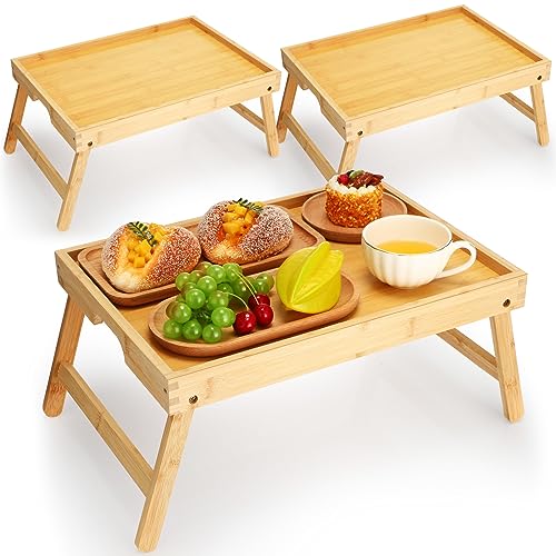 Tatuo 3 Pcs Bed Table Tray with Folding Legs and Handles Wooden Breakfast Tray Lap Snack Serving Tray Wood Laptop Desk for Eating Drawing Working Studying Dinner Bedroom Sofa Couch Kids (Bamboo)