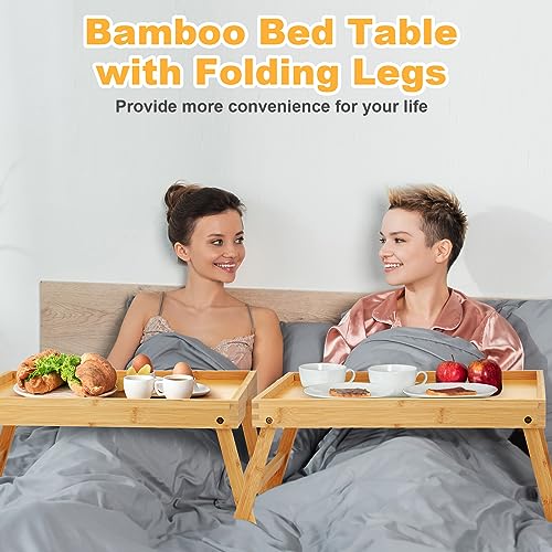 Tatuo 3 Pcs Bed Table Tray with Folding Legs and Handles Wooden Breakfast Tray Lap Snack Serving Tray Wood Laptop Desk for Eating Drawing Working Studying Dinner Bedroom Sofa Couch Kids (Bamboo)