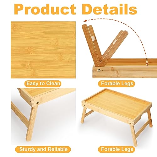 Tatuo 3 Pcs Bed Table Tray with Folding Legs and Handles Wooden Breakfast Tray Lap Snack Serving Tray Wood Laptop Desk for Eating Drawing Working Studying Dinner Bedroom Sofa Couch Kids (Bamboo)