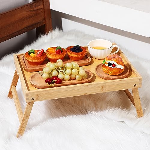 Tatuo 3 Pcs Bed Table Tray with Folding Legs and Handles Wooden Breakfast Tray Lap Snack Serving Tray Wood Laptop Desk for Eating Drawing Working Studying Dinner Bedroom Sofa Couch Kids (Bamboo)