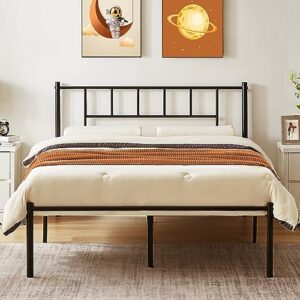 vecelo queen bed frame, 14 inch metal platform with headboard, heavy duty steel slat support, no box spring needed, easy assembly