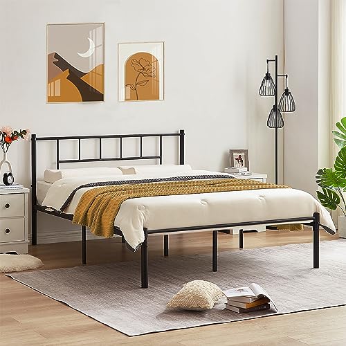 VECELO Queen Bed Frame, 14 Inch Metal Platform with Headboard, Heavy Duty Steel Slat Support, No Box Spring Needed, Easy Assembly