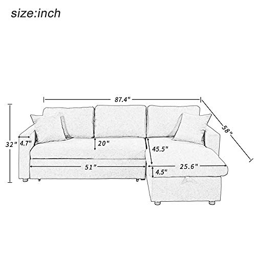 Evedy 87.4" New Sleeper, Convertible Pull-Out Sofa Bed,L-Shaped Storage Space Chaise Lounge,Sectional Couches with 2 Tossing Cushions,for Apartment Office and Bedroom, Gray G