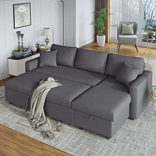 Evedy 87.4" New Sleeper, Convertible Pull-Out Sofa Bed,L-Shaped Storage Space Chaise Lounge,Sectional Couches with 2 Tossing Cushions,for Apartment Office and Bedroom, Gray G