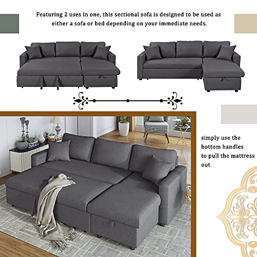 Evedy 87.4" New Sleeper, Convertible Pull-Out Sofa Bed,L-Shaped Storage Space Chaise Lounge,Sectional Couches with 2 Tossing Cushions,for Apartment Office and Bedroom, Gray G